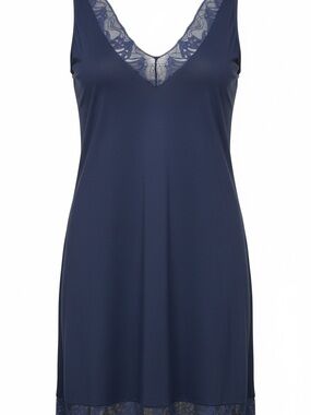 Hanro Navy V-Neck Lace-Trim Mini Nightdress